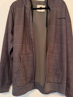 Gray Burton zip up hoodie with repeating geometric pattern, size L